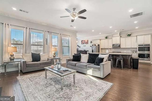 living room with dark hardwood / wood-style flooring, ceiling fan, and a healthy amount of sunlight