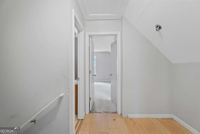 hallway featuring lofted ceiling and light wood-type flooring