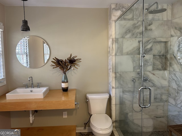 bathroom featuring toilet, sink, and walk in shower