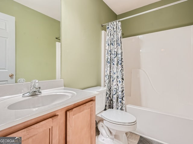 full bathroom featuring vanity, shower / bath combination with curtain, and toilet