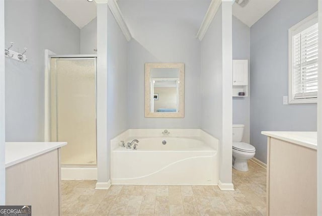 full bathroom featuring separate shower and tub, vanity, lofted ceiling, and toilet