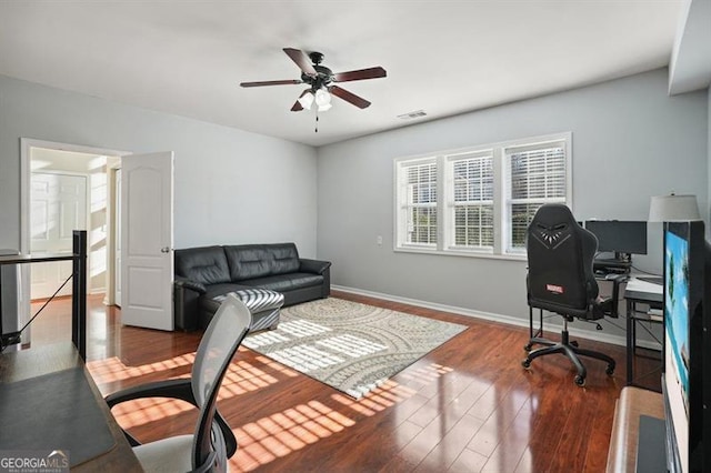 office space with hardwood / wood-style flooring and ceiling fan