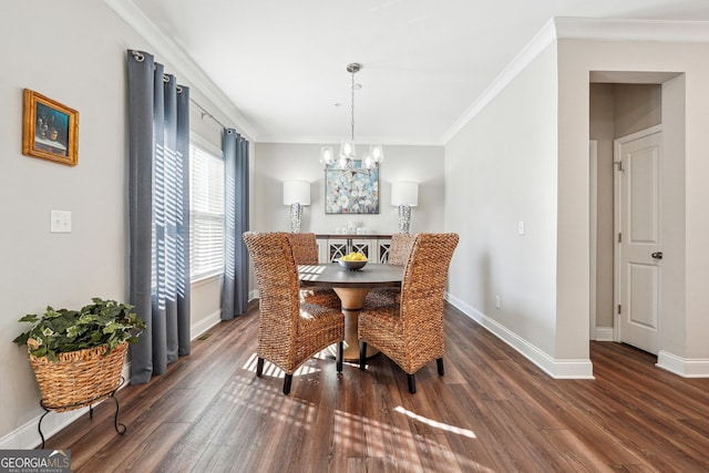 dining area featuring a chandelier, crown molding, and dark hardwood / wood-style flooring