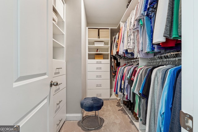 spacious closet featuring light colored carpet