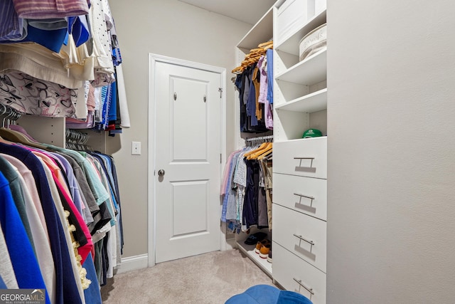 spacious closet featuring light colored carpet