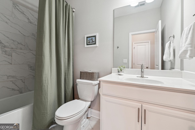 full bathroom featuring toilet, vanity, and shower / bath combination with curtain