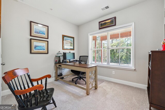 office area featuring light colored carpet