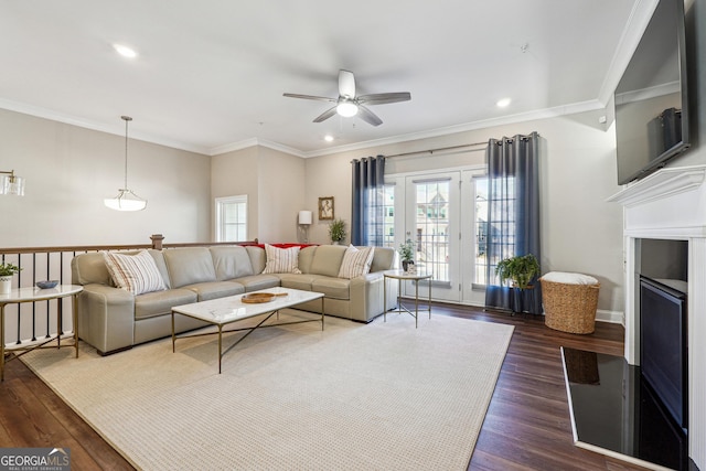 living room featuring ceiling fan, dark hardwood / wood-style floors, and ornamental molding