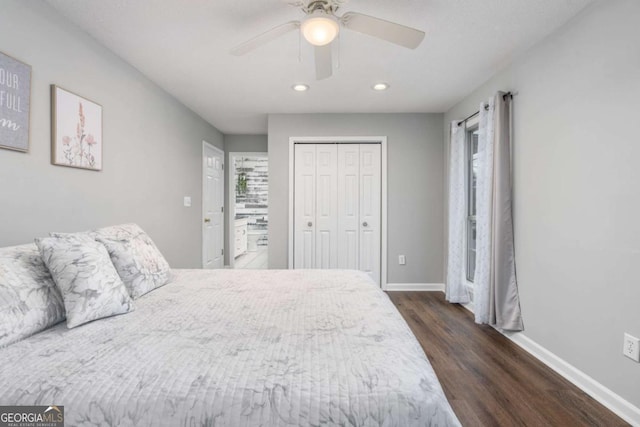 bedroom featuring ceiling fan, dark hardwood / wood-style flooring, and a closet