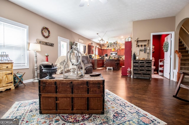 living room featuring plenty of natural light, ceiling fan with notable chandelier, and dark hardwood / wood-style floors