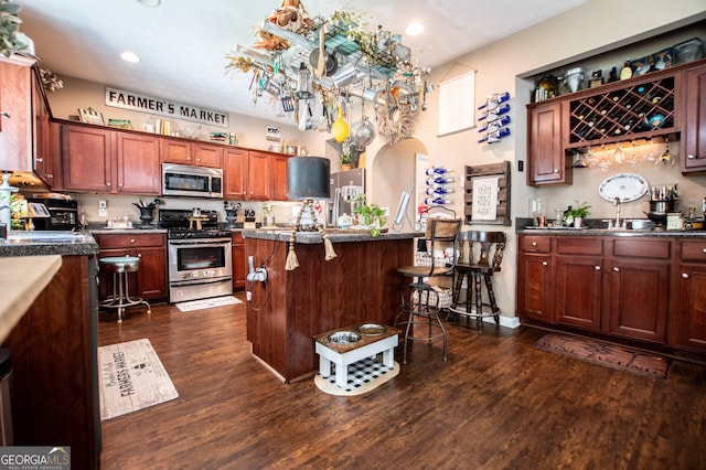 kitchen with sink, stainless steel appliances, dark hardwood / wood-style floors, a kitchen bar, and a kitchen island