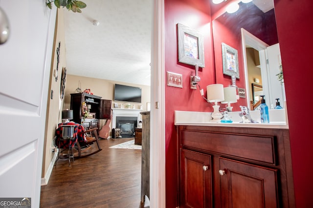 bathroom with hardwood / wood-style flooring and vanity