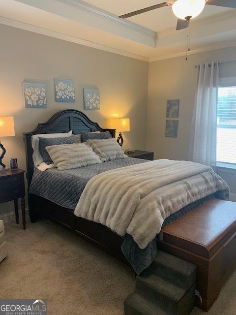 bedroom featuring carpet, a tray ceiling, ceiling fan, and crown molding