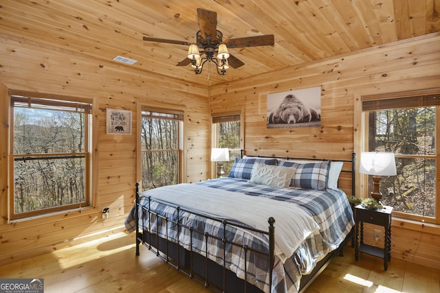 bedroom featuring hardwood / wood-style floors, ceiling fan, wooden walls, and wood ceiling