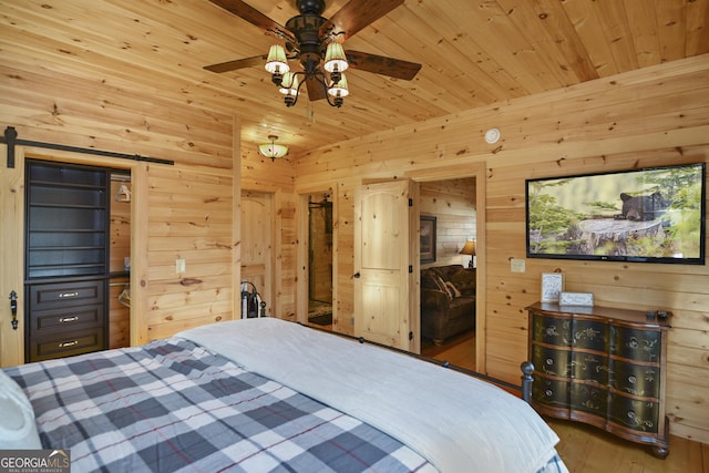 bedroom with ceiling fan, wooden walls, and wood ceiling