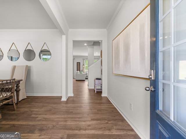 foyer entrance featuring crown molding and dark hardwood / wood-style flooring