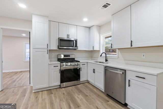 kitchen with sink, white cabinets, stainless steel appliances, and light wood-type flooring