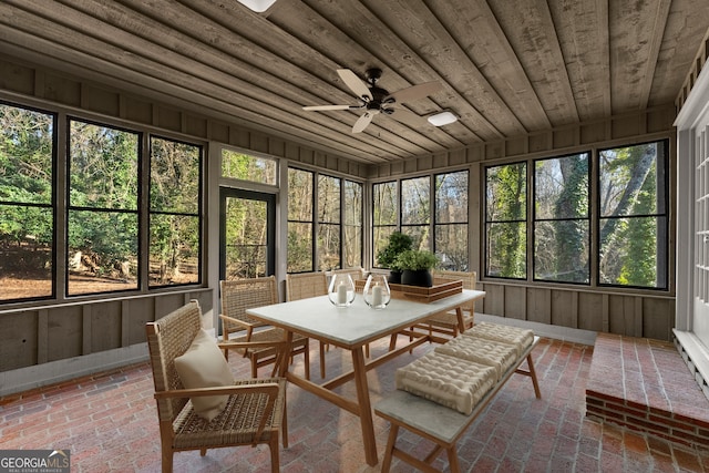 sunroom / solarium with ceiling fan, wood ceiling, and plenty of natural light