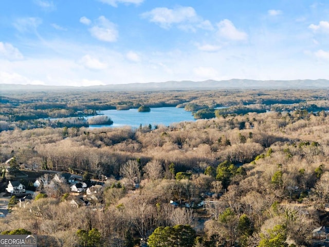 bird's eye view with a water and mountain view