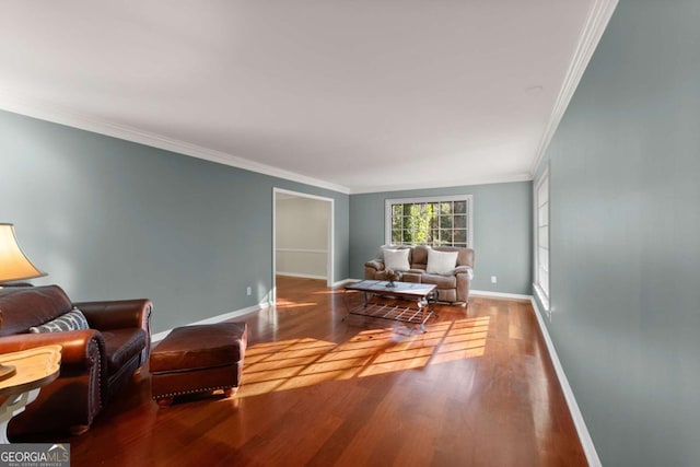 living room featuring hardwood / wood-style flooring and ornamental molding