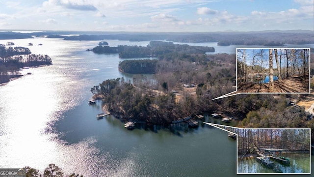 aerial view featuring a water view