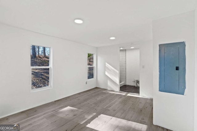 unfurnished living room with wood-type flooring and electric panel