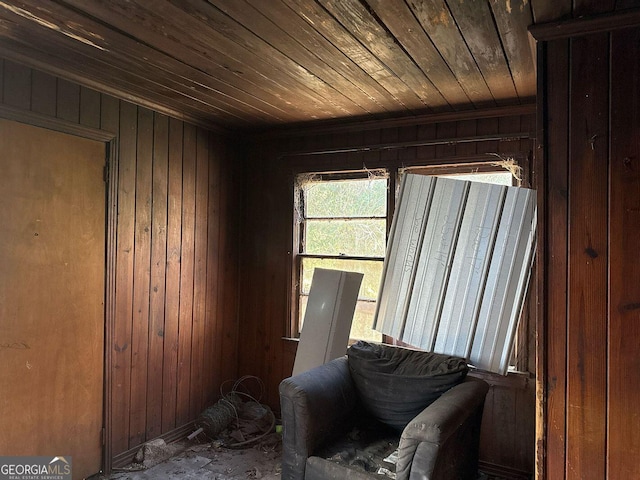 sitting room featuring wooden walls and wooden ceiling