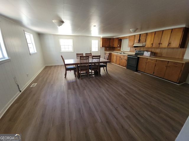 dining space with sink and dark hardwood / wood-style flooring