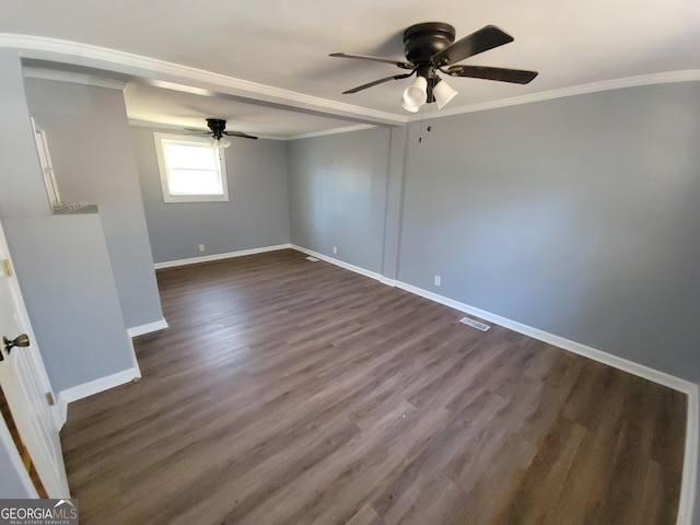 unfurnished room featuring ceiling fan, ornamental molding, and dark hardwood / wood-style floors