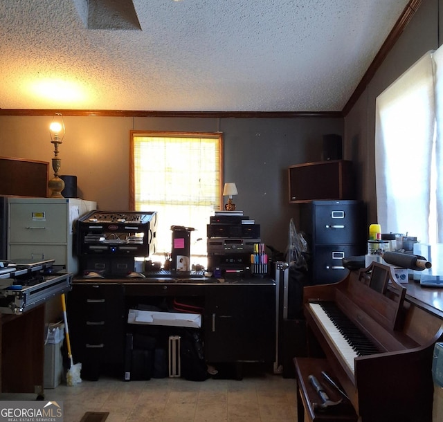 office with ornamental molding and a textured ceiling