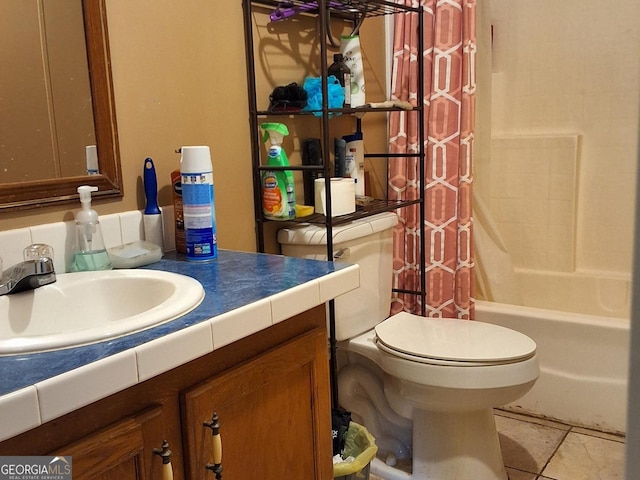 full bathroom featuring tile patterned flooring, vanity, toilet, and shower / tub combo with curtain