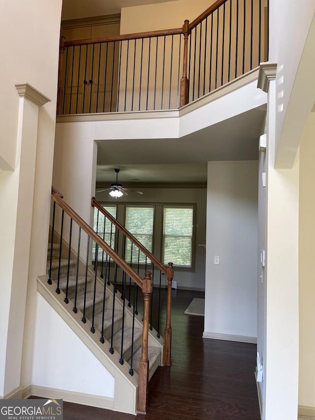 stairs with wood-type flooring, ceiling fan, and a high ceiling