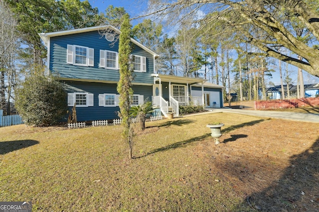 view of property with a porch and a front lawn