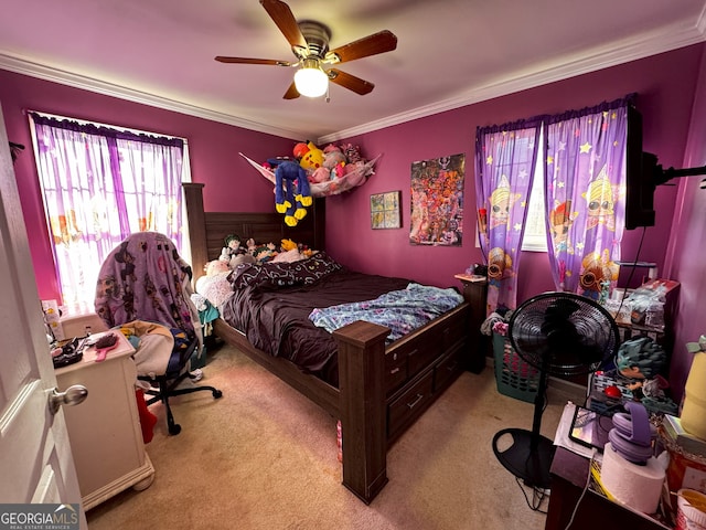 bedroom featuring light carpet, ceiling fan, and ornamental molding