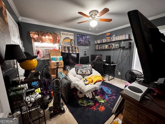 bedroom featuring ceiling fan, cooling unit, and crown molding