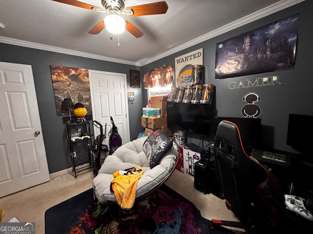 office space featuring ceiling fan, carpet floors, and ornamental molding