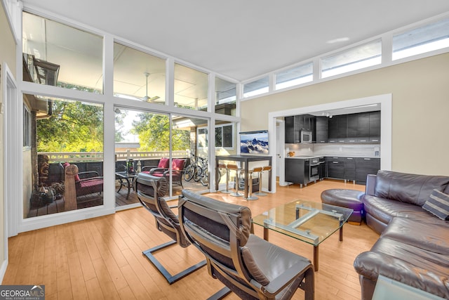 living room featuring light hardwood / wood-style flooring and expansive windows