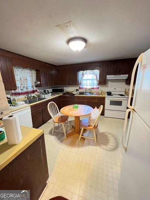 kitchen with white appliances, dark brown cabinetry, and sink