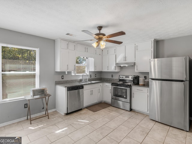 kitchen featuring white cabinets, ceiling fan, sink, and stainless steel appliances