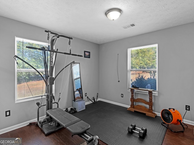 exercise area featuring plenty of natural light, dark hardwood / wood-style flooring, and a textured ceiling