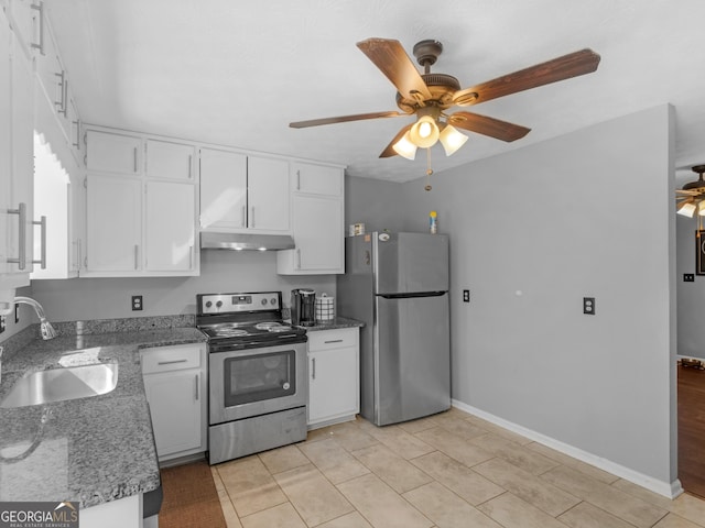 kitchen featuring ceiling fan, sink, white cabinetry, and stainless steel appliances