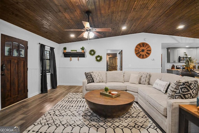 living room featuring wood-type flooring, wooden ceiling, ceiling fan, and lofted ceiling