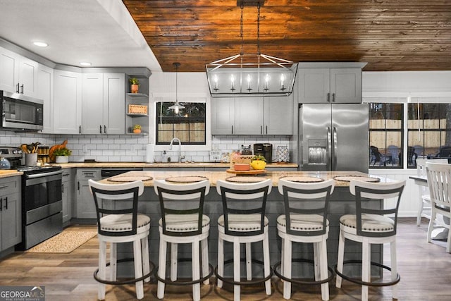 kitchen featuring a center island, stainless steel appliances, gray cabinets, and wooden ceiling