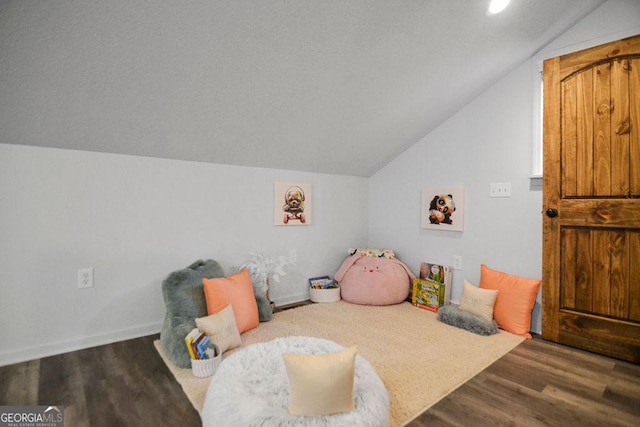 playroom featuring wood-type flooring and vaulted ceiling