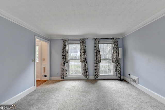 carpeted empty room with ornamental molding and a textured ceiling