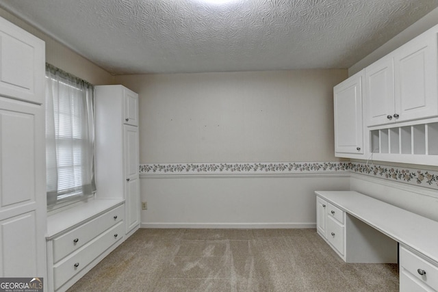 unfurnished office featuring light carpet, a textured ceiling, and a healthy amount of sunlight