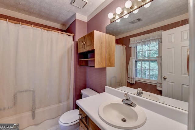 full bathroom featuring vanity, crown molding, toilet, shower / bathtub combination with curtain, and a textured ceiling