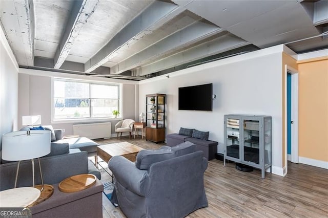 living room with radiator heating unit and wood-type flooring