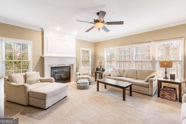 carpeted living room featuring ceiling fan, a large fireplace, and crown molding