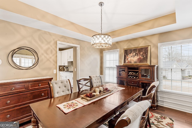 dining room featuring an inviting chandelier, hardwood / wood-style flooring, a raised ceiling, and plenty of natural light